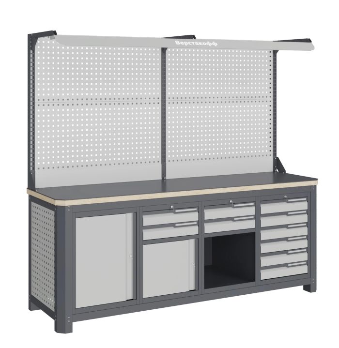 Модульный верстак Верстакофф MCN 2052.S2679.2-2F, 4 тумбы, 2+2+6 ящиков, с дв. экраном, подсветка