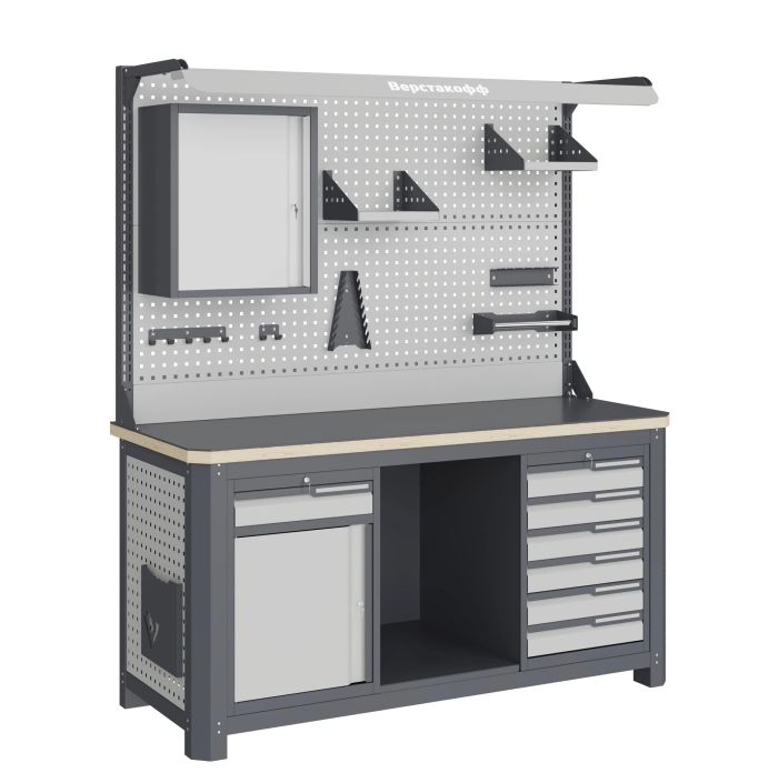 Рабочее место Верстакофф MCN 1552.S68.1-2FR, 2 тумбы, 1+6 ящиков, с дв. экраном, подсветка