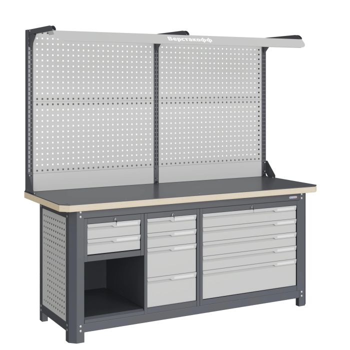 Модульный верстак Верстакофф MCN 2052.S24L5.2-2F, 3 тумбы, 2+4+5 ящиков, с дв. экраном, подсветка