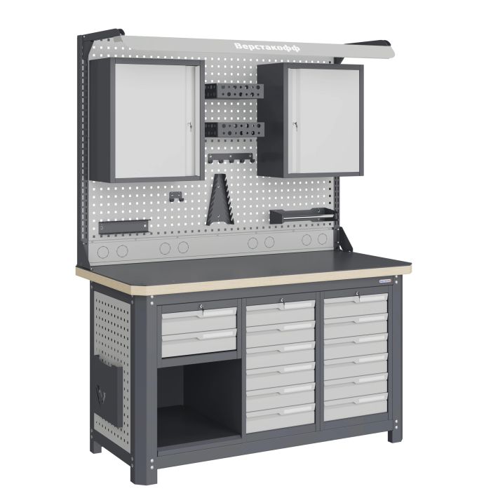 Рабочее место Верстакофф MCN 1552.S266.2-2FR, 3 тумбы, 2+6+6 ящиков, с дв. экраном, подсветка