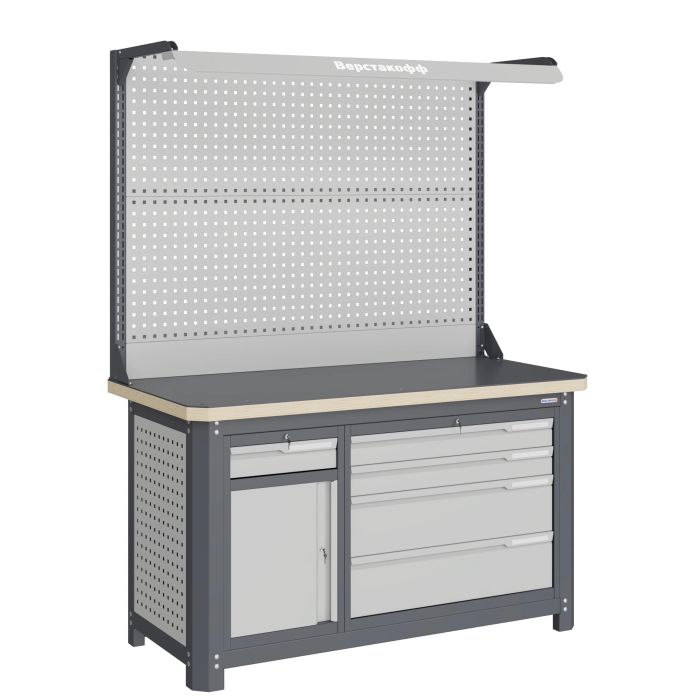 Верстак слесарный Верстакофф MCN 1552.S8L4-2F, 2 тумбы, 1+4 ящика, с дв. экраном, подсветка