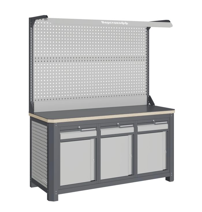 Верстак слесарный Верстакофф MCN 1552.S888-2F, 3 тумбы, 1+1+1 ящика, с дв. экраном, подсветка