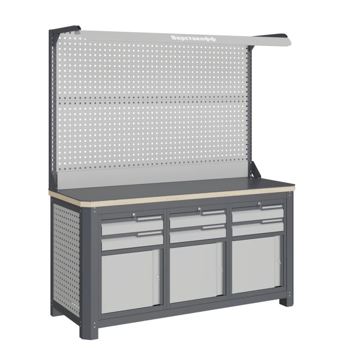 Верстак слесарный Верстакофф MCN 1552.S999-2F, 3 тумбы, 2+2+2 ящика, с дв. экраном, подсветка