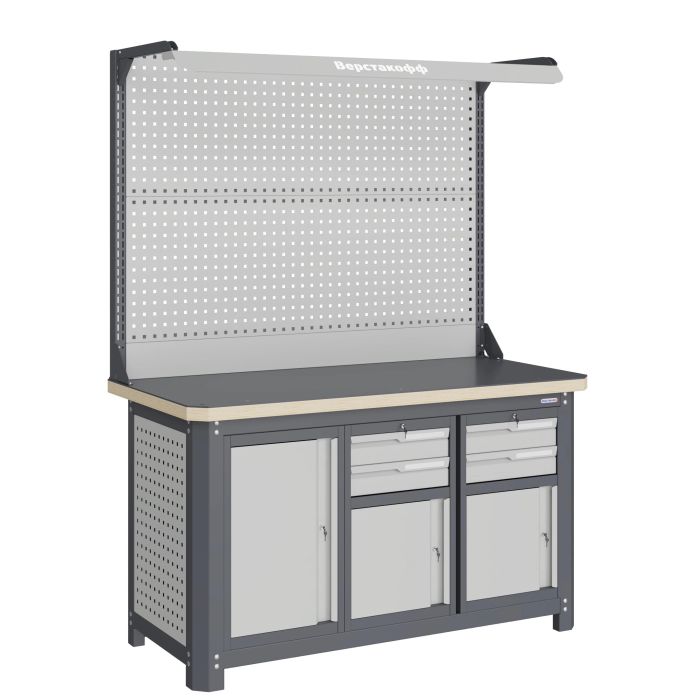 Верстак слесарный Верстакофф MCN 1552.S799-2F, 3 тумбы, 2+2 ящика, с дв. экраном, подсветка