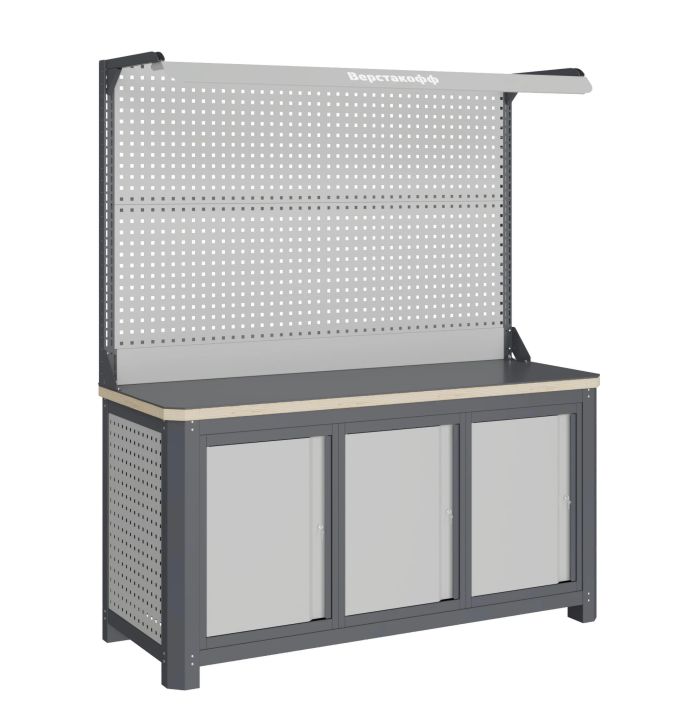 Верстак слесарный Верстакофф MCN 1552.S777-2F, 3 тумбы с дверцами, с дв. экраном, подсветка