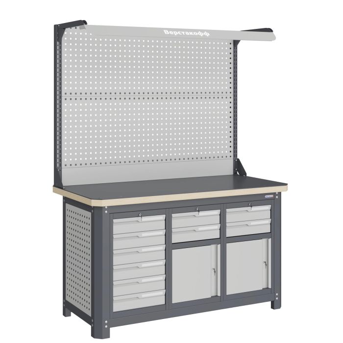 Верстак слесарный Верстакофф MCN 1552.S699-2F, 3 тумбы, 6+2+2 ящиков, с дв. экраном, подсветка