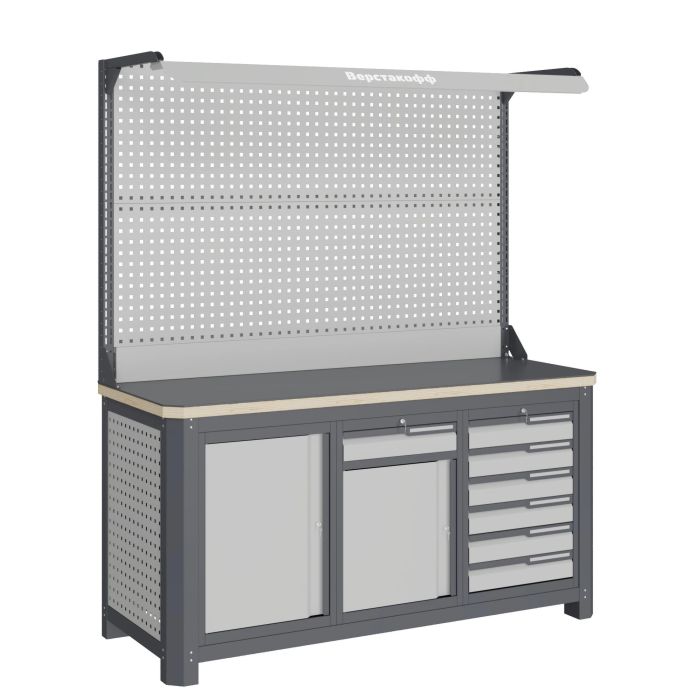 Верстак слесарный Верстакофф MCN 1552.S678-2F, 3 тумбы, 1+6 ящиков, с дв. экраном, подсветка