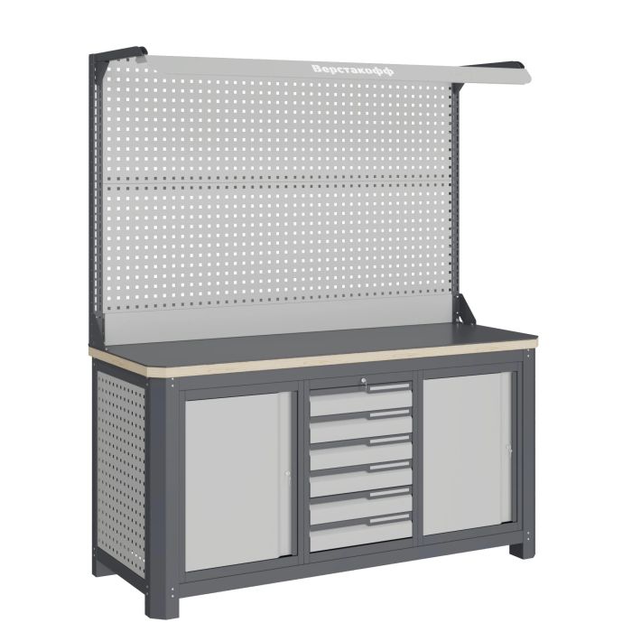 Верстак слесарный Верстакофф MCN 1552.S677-2F, 3 тумбы, 6 ящиков, с дв. экраном, подсветка