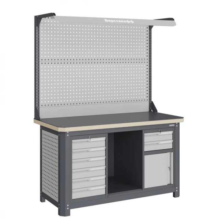 Верстак слесарный Верстакофф MCN 1552.S69.1-2F, 2 тумбы, 6+2 ящиков, с дв. экраном, подсветка