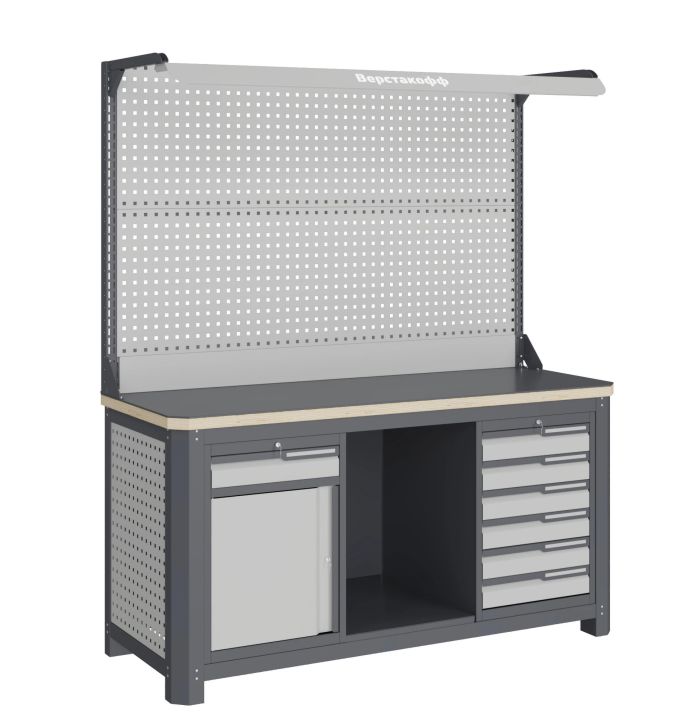 Верстак слесарный Верстакофф MCN 1552.S68.1-2F, 2 тумбы, 1+6 ящиков, с дв. экраном, подсветка