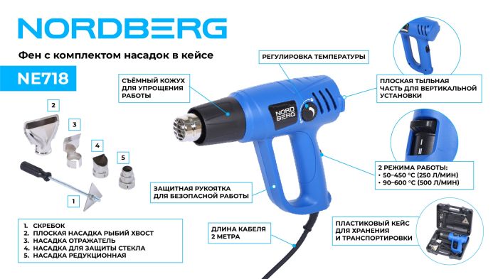 Фен с комплектом насадок Nordberg NE718, 50-600 °С, 2000Вт