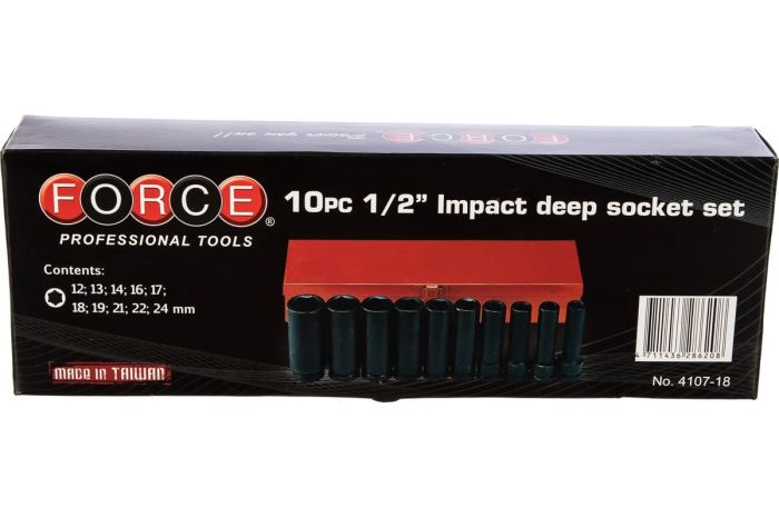 Набор ударных головок длинных 6-гр. FORCE 4107-18, 1/2", 12-24мм, 10шт.