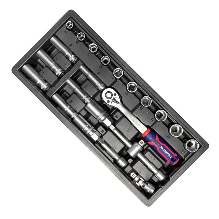 Тележка инструментальная WORKPRO WP285002B, закрытая, 7 ящиков, с набором инструментов 148шт.