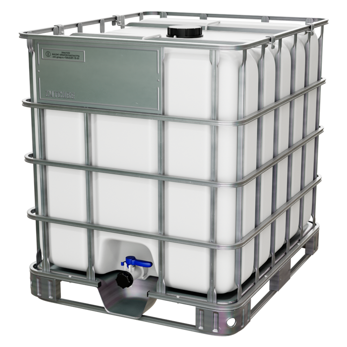 Еврокуб на металлическом поддоне белый/неокрашенный, 1000л, в обрешётке