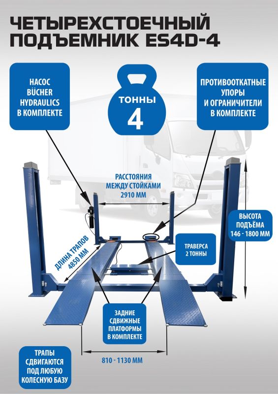 Подъемник четырехстоечный 4 тонны EQFS ES4D-4, электрогидравлический, для сход-развала, 380В, с траверсой