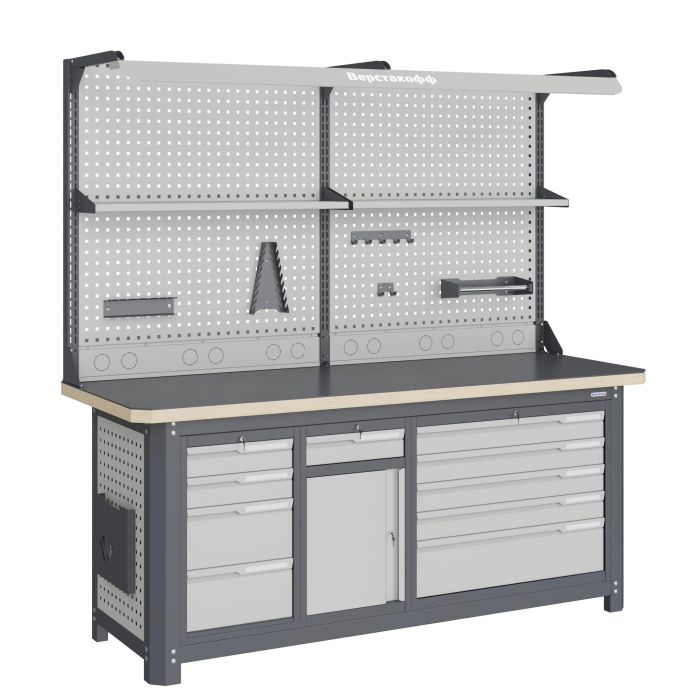 Рабочее место Верстакофф MCN 2052.S48L5-2FR, 3 тумбы, 4+1+5 ящика, дв. экран, с полками