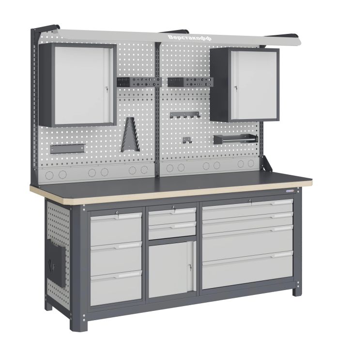 Рабочее место Верстакофф MCN 2052.S39L4-2FR, 3 тумбы, 3+2+4 ящика, дв. экран, навесные ящики