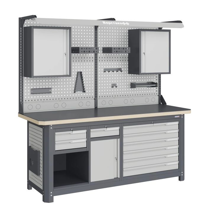 Рабочее место Верстакофф MCN 2052.S28L6.2-2FR, 3 тумбы, 2+1+7 ящиков, дв. экран, навесные ящики