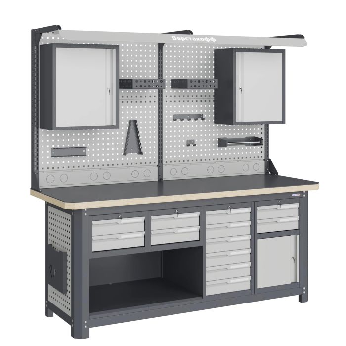 Рабочее место Верстакофф MCN 2052.S2269.22-2FR, 2 тумбы, 2+2+6+2 ящиков, дв. экран, навесные ящики