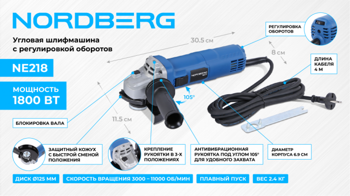 Угловая шлифмашинка NORDBERG NE218, с регулировкой оборотов, 125мм, 1800Вт