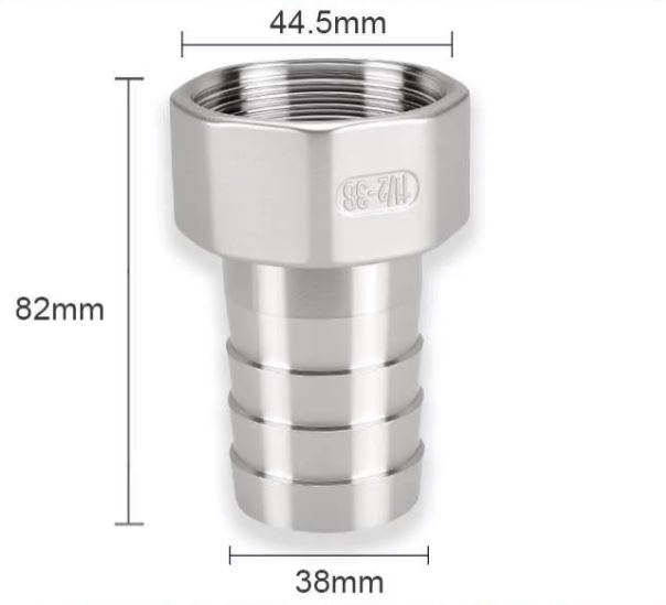 Штуцер нержавеющий внутренняя резьба 1 1/2"x38 мм елочка, с хомутом