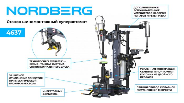 Шиномонтажный станок легковой Nordberg 4637, суперавтомат, инверторный, 220В, с третьей рукой