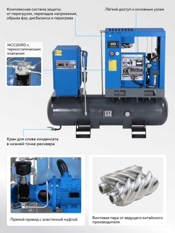Винтовой компрессор Nordberg NCC10RD, прямой привод, 10 бар, IP55, 900л/мин, 260л, с осушителем