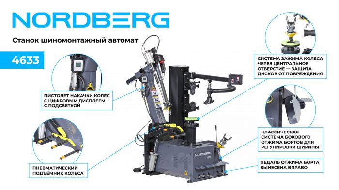 Шиномонтажный станок легковой Nordberg 4633, суперавтомат, инверторный, 220В, с третьей рукой